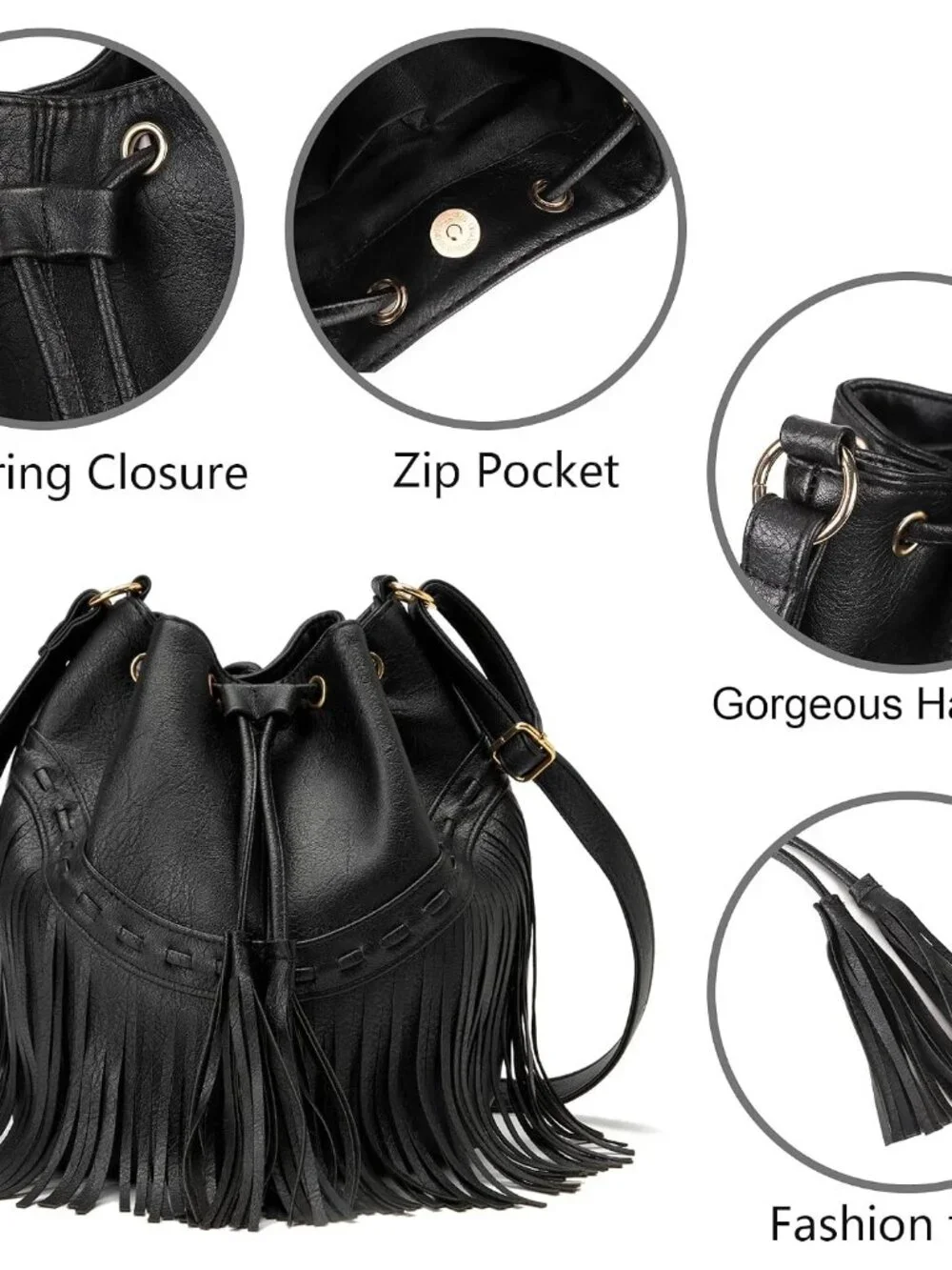 Leather Bucket Bags for Women Crossbody Fringe Purses with Drawstring Ladies Tas - Picture 7 of 8
